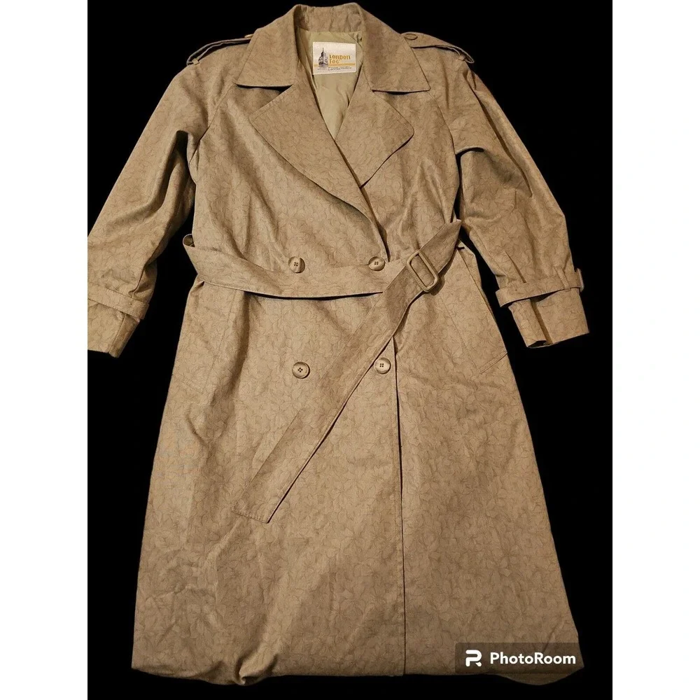 vintage london fog trench coat Size 6 Petite Gray‎ With Floral Pattern